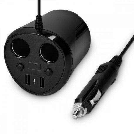 Adaptor auto cu 2 prize si 2 porturi USB Navaris, 12V - 24V, Afisaj LED, Negru, 49581.01