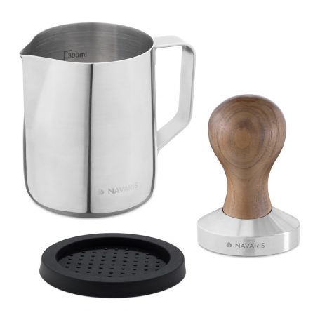 Set Latiera din inox si tamper cu maner din lemn de nuc Navaris, 51 mm, Covoras, 53238.01.02